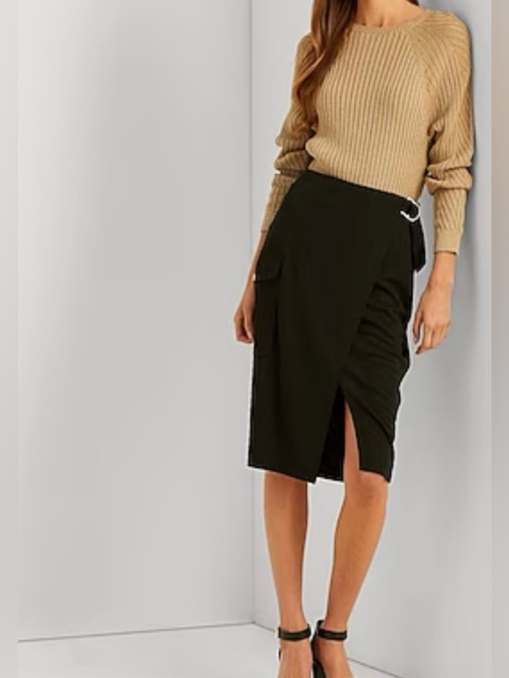 Lauren Ralph Lauren Jersey Cargo Wrap Skirt Midi Black Small Petite Soft Sleek